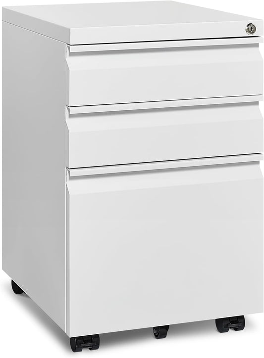 Mobile File Cabinet for Home Office, Lockable 3 Drawer Filing Cabinet with Wheels for A4-Size/Letter-Size/Legal-Size, Fully Assembled except Casters, White