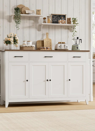 55-Inch Contemporary Farmhouse Buffet Cabinet with Drawers, Versatile Kitchen Storage Solution Featuring Adjustable Shelves, Perfect for Coffee Bar in Kitchen, Dining Room, or Living Room, White Finish