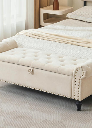 51-Inch Beige Chenille Upholstered Storage Ottoman Bench for Bedroom and Living Room