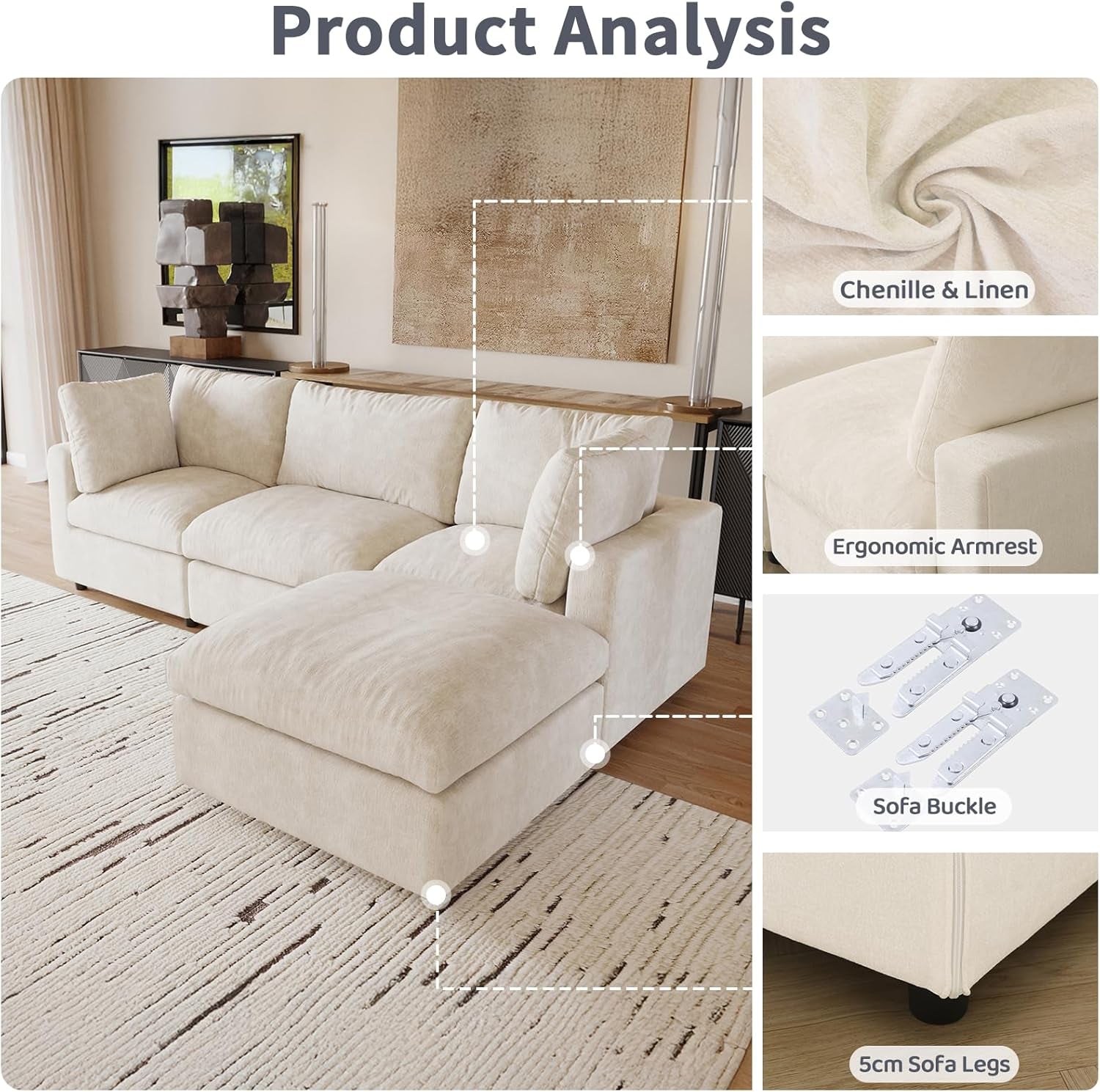 Cloud Couch Modular Sectional Sofa,100.5" V Shaped Couch, Convertible Wide Seater, 5 Seater for Living Room Set,Covers Washable&Replaceable,Beige