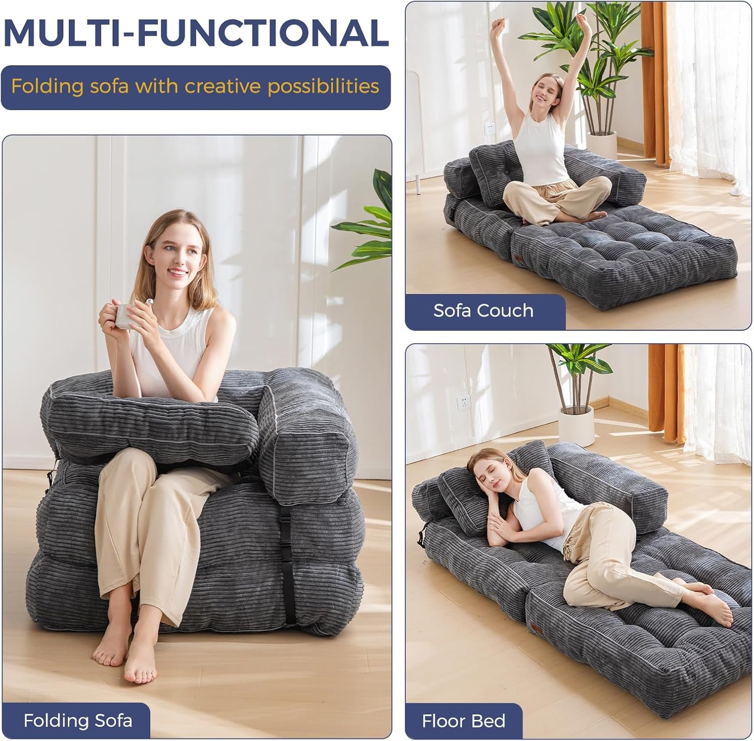 Folding Sofa Bed, L-Shaped Convertible Sofa Bed with Armrest Foldable Sleeper Sofa with Pillow, Portable Fold Out Chair Bed Comfy Floor Lounge for Living Room Bedroom, Dark Grey