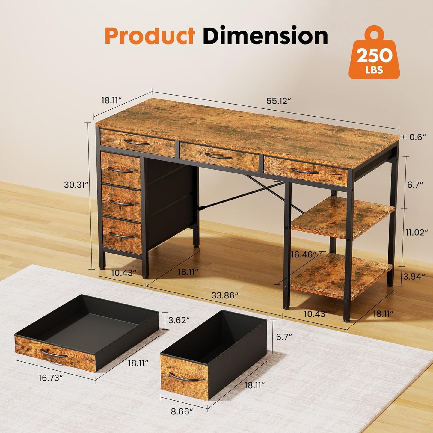 55" Computer Desk with 6 Drawers, Home Office Gaming Desks with Storage Shelves for Bedroom, Writing Study Corner Living Room Work Table Rustic Brown