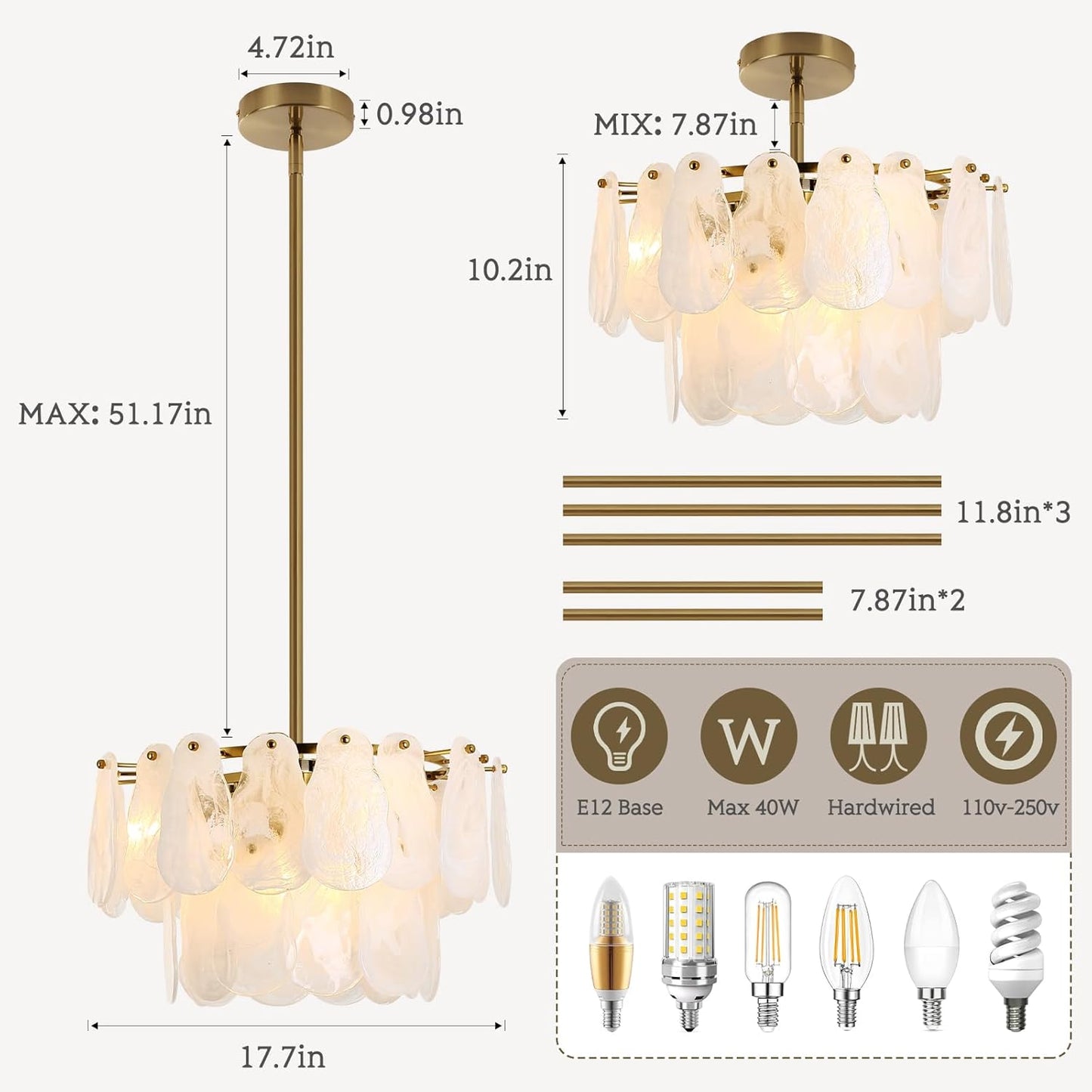 Modern Gold Chandeliers, 17.7" Luxury Cloud Glass Light Fixture, 2-Layer round Ceiling Hanging Light Fixture for Bedroom Dining Room Kitchen Island Living Room Entryway Bar Farmhouse 6-Light