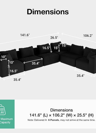 141" Modular Sectional Sofa - Modern L-Shape Cloud Couch with Smart Coil® Support for Living Room and Bedroom, No Assembly Required (6 Seats)