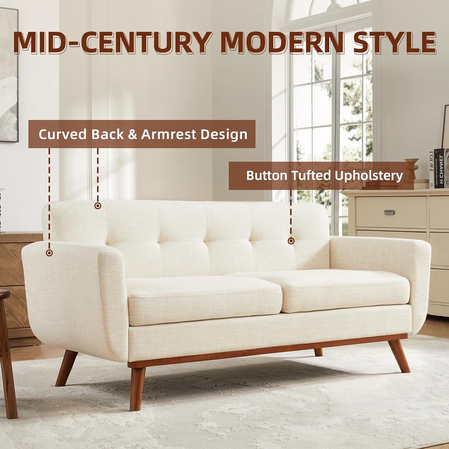 2 Piece Loveseat and Sofa Sets, Mid Century Modern Decor Love Seat Couches for Living Room, Button Tufted Upholstered Furniture, Easy to Install Small Couch for Bedroom, Office, Beige | Linen Fabric, Button Tufted, Solid Wood Foot, Pocket Spring, Wood Sla