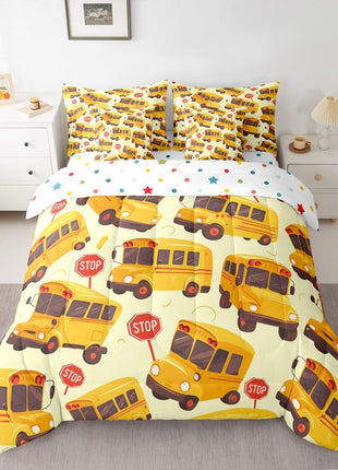 School Bus Twin 7-Piece Bedding Set for Children, Cartoon Vehicle Bed in a Bag for Boys and Girls, School-Themed Comforter Set with Sheets, Yellow Transportation Bed Set