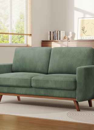 68-Inch Green Corduroy Loveseat Sofa with Spring Cushion and Solid Wood Frame for Modern Living Spaces, Bedrooms, and Offices