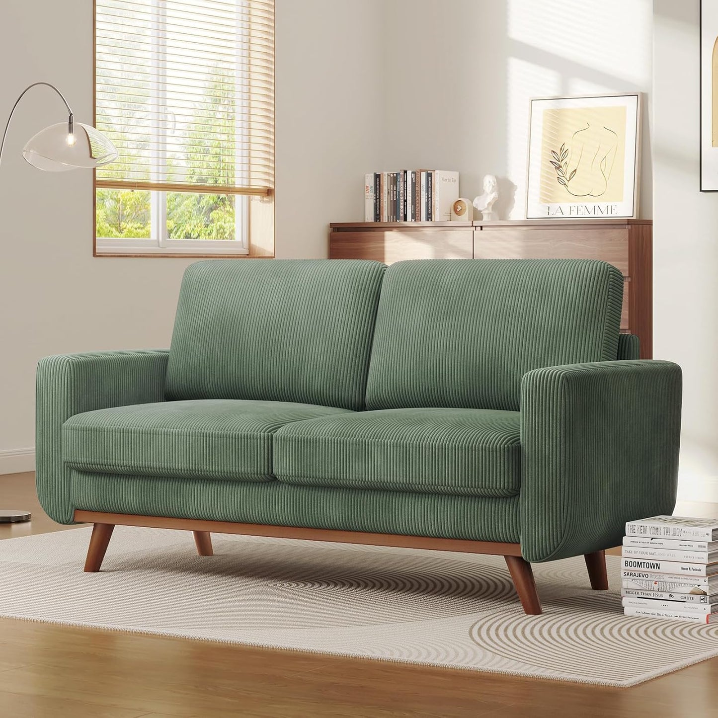 68" Loveseat Sofa - Green, Comfy Corduroy with Spring Cushion, Solid Wood Frame, Modern Deep Seat, Bedroom & Living Room, Office Couch