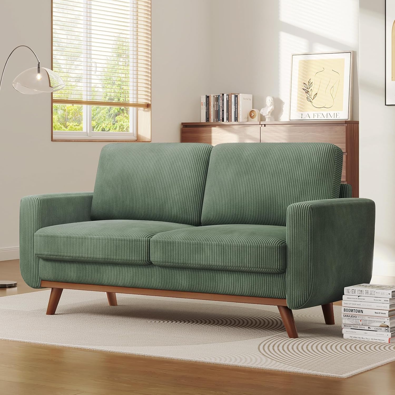 68" Loveseat Sofa - Green, Comfy Corduroy with Spring Cushion, Solid Wood Frame, Modern Deep Seat, Bedroom & Living Room, Office Couch