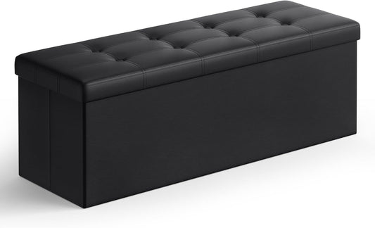MAZIE Collection - 43 Inches Folding Storage Ottoman Bench, Ottoman with Storage, Foot Rest Stool, Load 660 Lb, for Living Room, Synthetic Leather, Black ULSF701