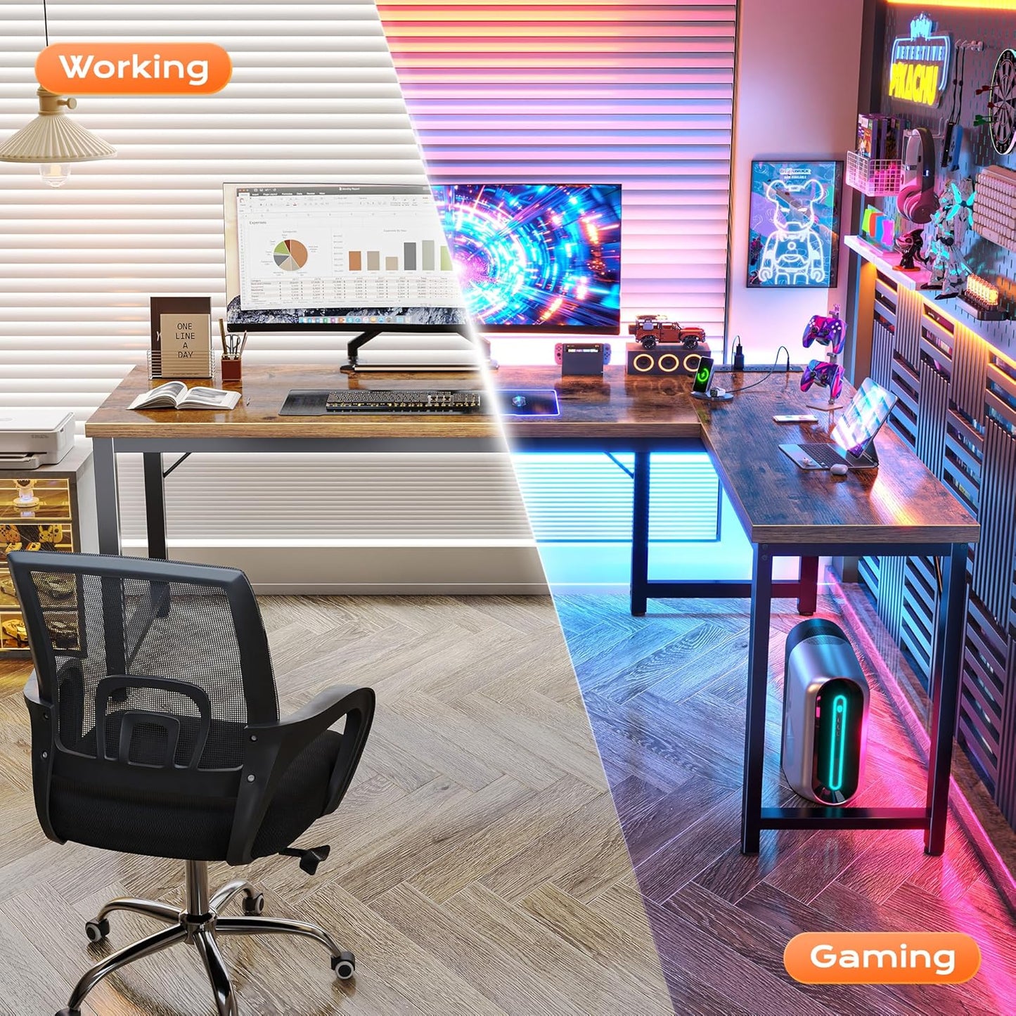 63 Inch L Shaped Desk with Power Outlets and USB-C Port, 0.95 Inch Thicker Desktop, Reversible Computer Desk, Larger Office Corner Gaming Desk, Metal Frame, for Home Office, Study, Rustic Brown