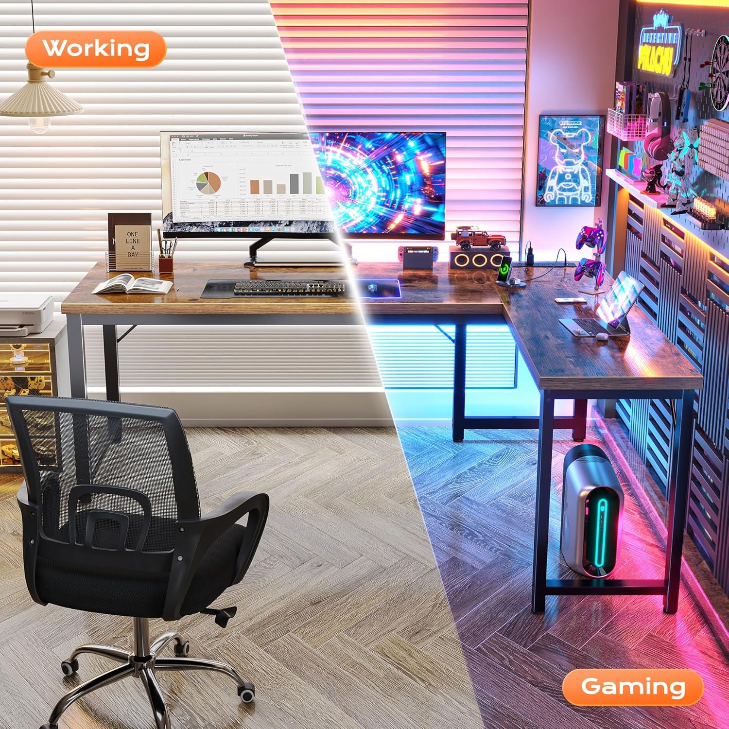 63 Inch L Shaped Desk with Power Outlets and USB-C Port, 0.95 Inch Thicker Desktop, Reversible Computer Desk, Larger Office Corner Gaming Desk, Metal Frame, for Home Office, Study, Rustic Brown