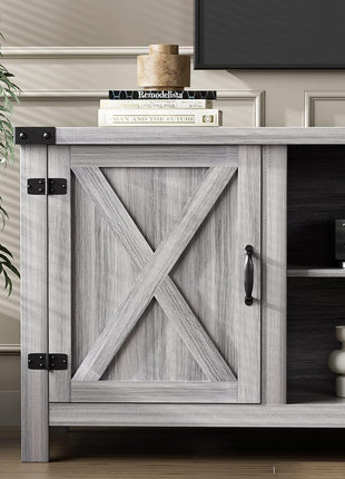 Contemporary Farmhouse TV Stand with Dual Barn Doors and Storage Cabinets for Televisions up to 65 Inches, 58-Inch Entertainment Center Console in Gray Wash Finish