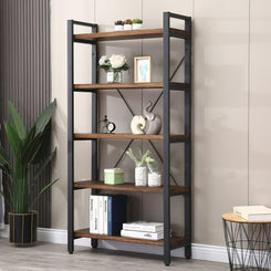 5 Tier Bookcase, Solid Wood Bookshelf Rustic Vintage Industrial Etagere Bookcase, Metal and Wood Free Vintage Bookshelf, Retro Brown (5-Tiers)