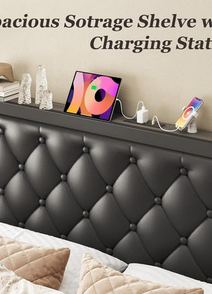 Queen Bed Frame with Upholstered Button-Tufted Headboard, Two Storage Drawers, Integrated Charging Station, Box Spring Not Required, Noise-Free Design, All-Metal Construction, Black
