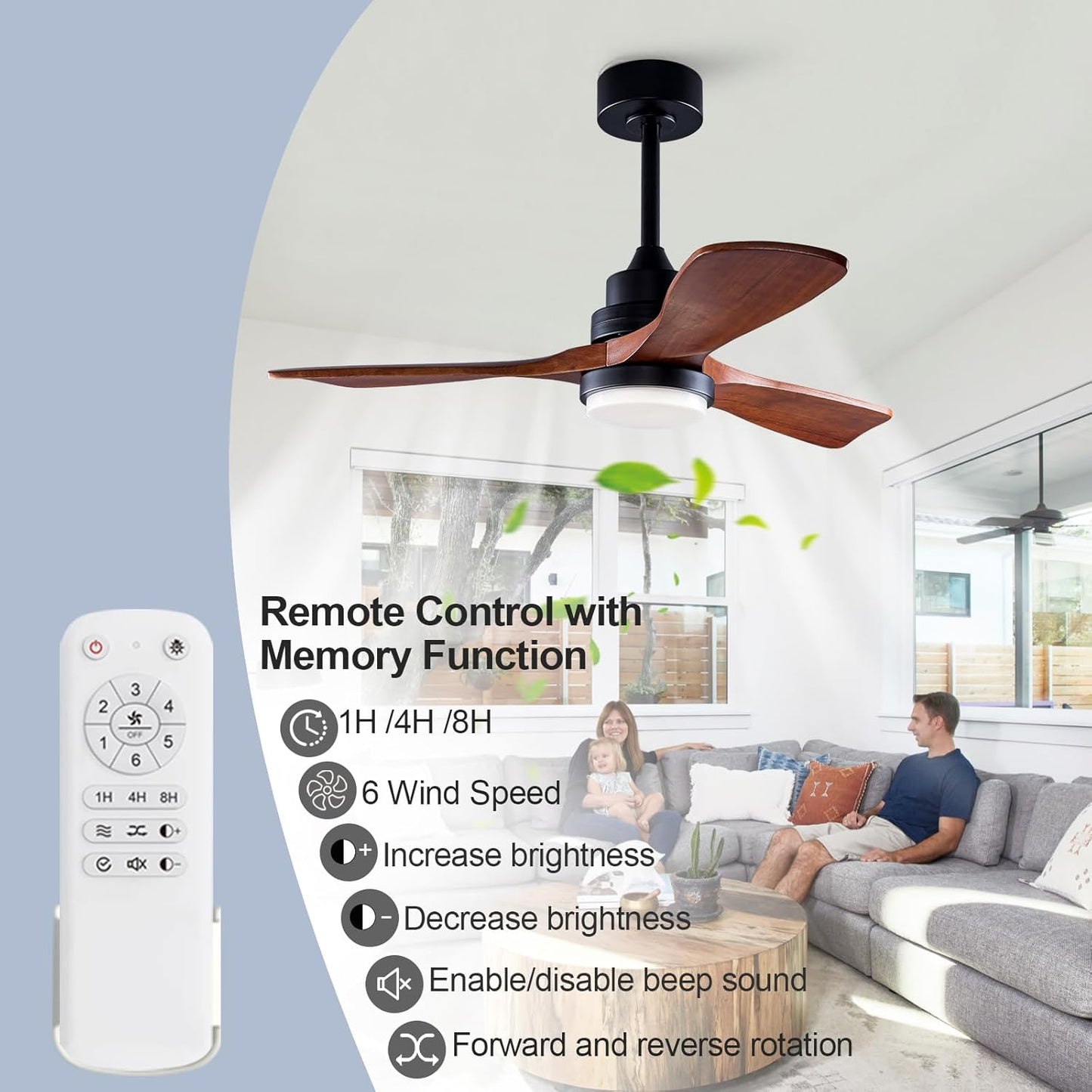 42 Inch Outdoor Ceiling Fans with Lights and Remote Control, Dimmable Outdoor Ceiling Fans for Patios 3 Blade Wood Black Walnut Bedroom Ceiling Fan with Light, Wall Switch