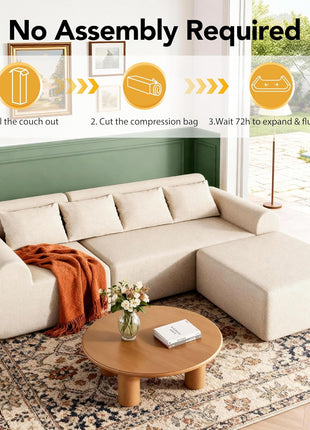 105.5" Cloud Boneless L-Shaped Sectional Sofa for Living Room, 4-Seater with Ottoman and 4 Pillows, Deep Seat Chenille Upholstery, No Assembly Required (Beige)