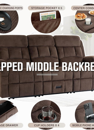 Oversized 3-Seater Loveseat Recliner Sofa with Flip-Down Middle Backrest, Storage Drawer, Dual Manual Recliners, USB Ports, Cup Holders, and Phone Holders in Brown