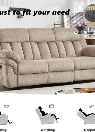 Manual Reclining Sofa Set with Overstuffed Armrests for Living Room, Bedroom, and Office - 3-Seater in Light Brown