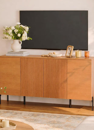 61.6-Inch Fluted TV Stand for TVs up to 70 Inches, Contemporary Entertainment Center Console with Four Doors and Metal Base, Mocha Finish for Living Room and Bedroom
