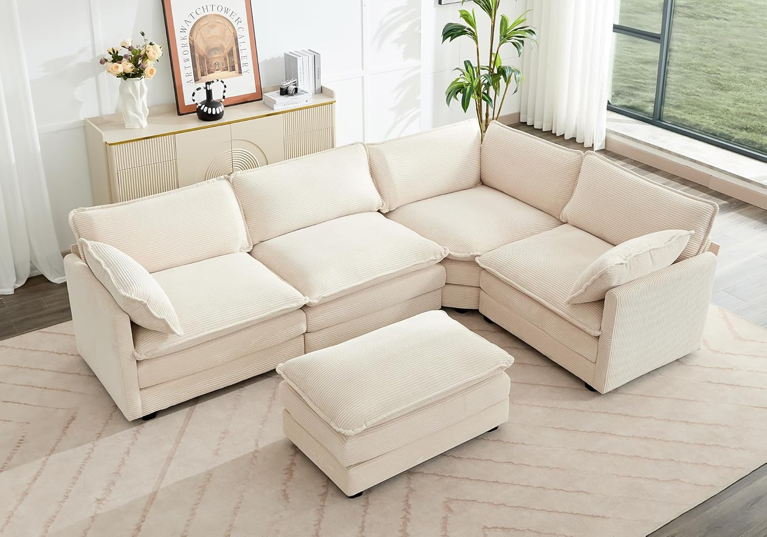 113'' Modular Sectional Cloud Couch, 5 Seater Corner Sofa Big Comfy Corduroy Oversized L Shaped Couch with 2 Pillows, Chaise, Ottoman, Deep Seat Sectional Couches for Living Room Office, Beige