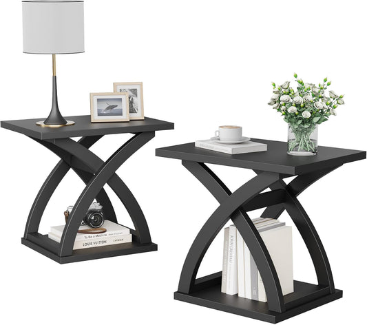 End Side Table Set of 2, Modern End Table with Storage Shelf, X-Design Side Table Living Room