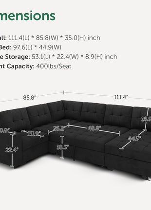 Luxurious Velvet Black Sectional Sleeper Sofa with Storage Chaise – Ideal Pull-Out Bed for Your Living Room