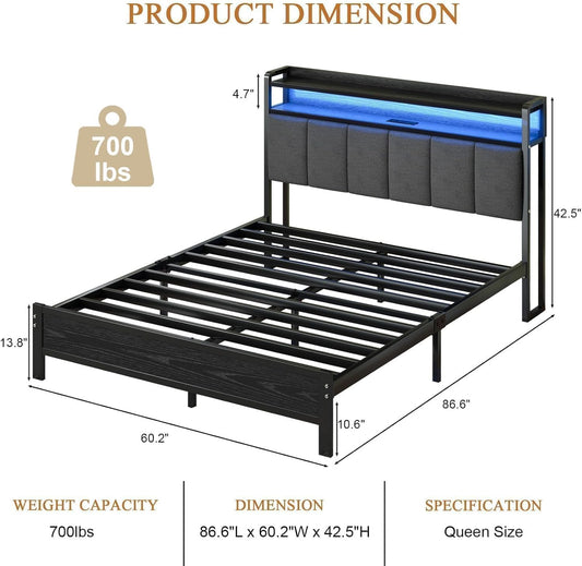 Queen Bed Frame with LED Lights and Charging Station, Metal Platform Bed Frame Queen Size with Upholstered Storage Headboard, Heavy Duty Metal Slats, No Box Spring Needed, Easy Assembly, Dark Grey
