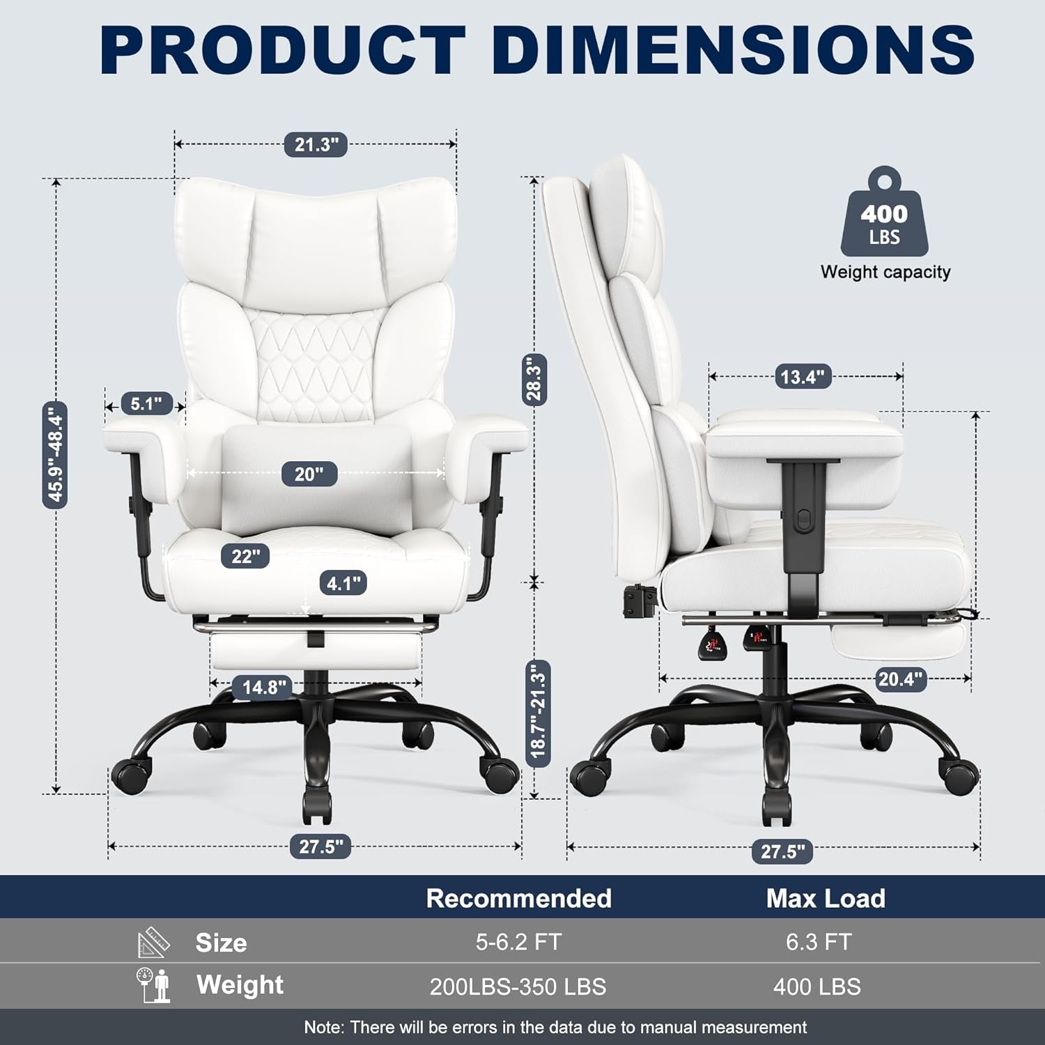 Big and Tall Office Chair with Footrest, High Back Executive Desk Chair with Adjustable Lift Armrest, 155°Recline，Lumbar Support Pillow, Faux Leather Gaming Chairs for Home or Office White