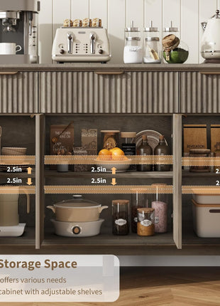 Contemporary Fluted Sideboard Buffet Cabinet with Integrated Charging Station, 47.2" Kitchen Storage Solution Featuring Drawers and Adjustable Shelves, Perfect for Dining and Living Rooms, Grey Finish