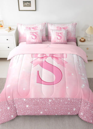 Personalized Pink Bowknot 7-Piece Twin Bedding Set for Kids, Princess Glitter Comforter with Monogrammed Initial and Sheets, Ideal Bedroom Decor for Teens