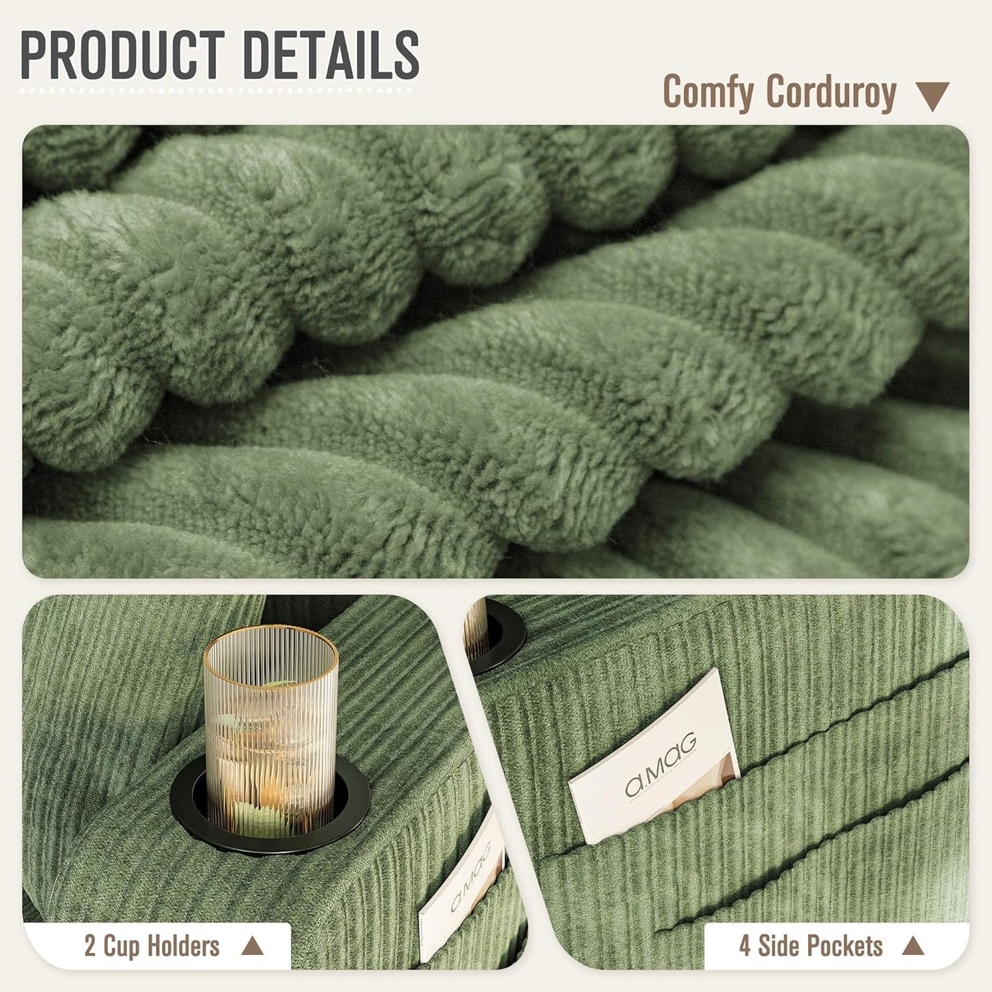 Couches for Living Room, 83" Couch with Soft Deep Seats, Modern Sofa 3 Seater in Corduroy for Apartment, Bedroom (Olive Green)