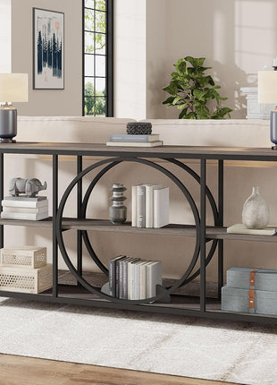 70.9-Inch Extra Long Narrow Console Table with Three-Tier Wooden Storage Shelves and Metal Frame for Entryway, Hallway, and Living Room - Black Rustic Gray