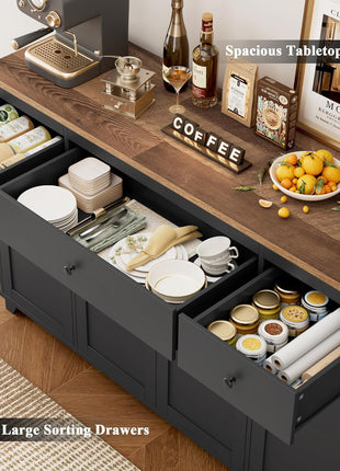 55-Inch Farmhouse Buffet Cabinet with Storage Drawers and Shelves - Versatile Wood Sideboard for Kitchen, Dining, and Living Room in Black