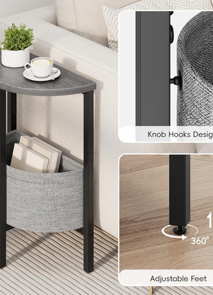 Set of 2 Contemporary Half Moon Accent Tables with Storage Basket, Small Round Side Tables for Living Room and Bedroom in Gray Walnut