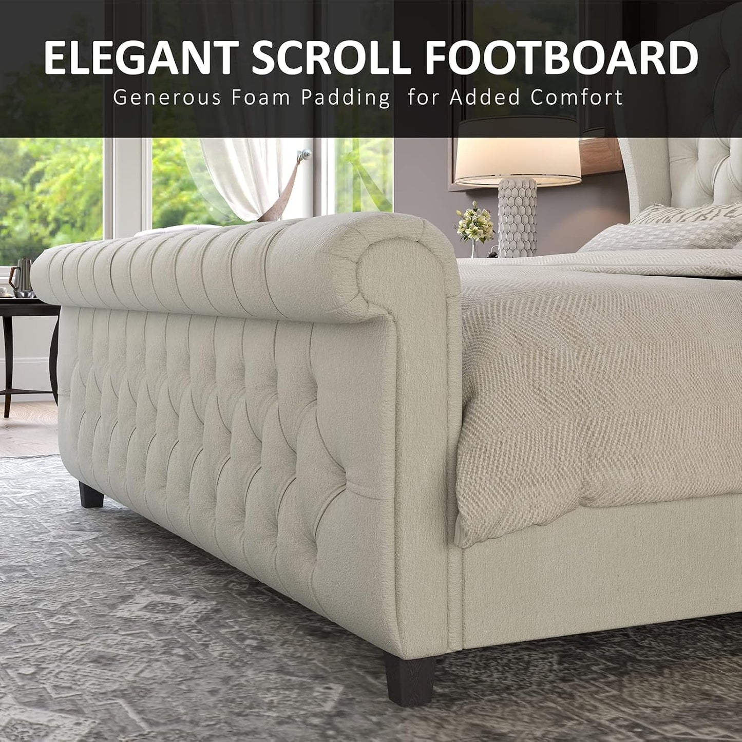Queen Size Platform Bed Frame, Chenille Upholstered Sleigh Bed with Scroll Wingback Headboard & Footboard/Button Tufted/No Box Spring Required/Cream
