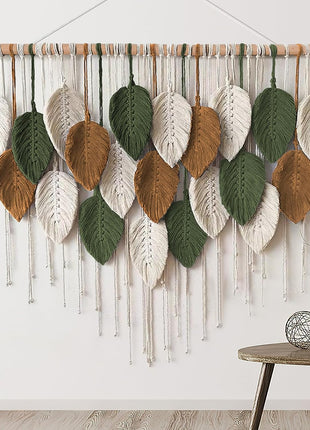 Large Macrame Wall Hanging - Handcrafted Bohemian Tapestry for Elegant Home Decor, Featuring Leaf and Feather Design for Living Room, Bedroom, Nursery, and Apartment - 39"W x 29.5"L