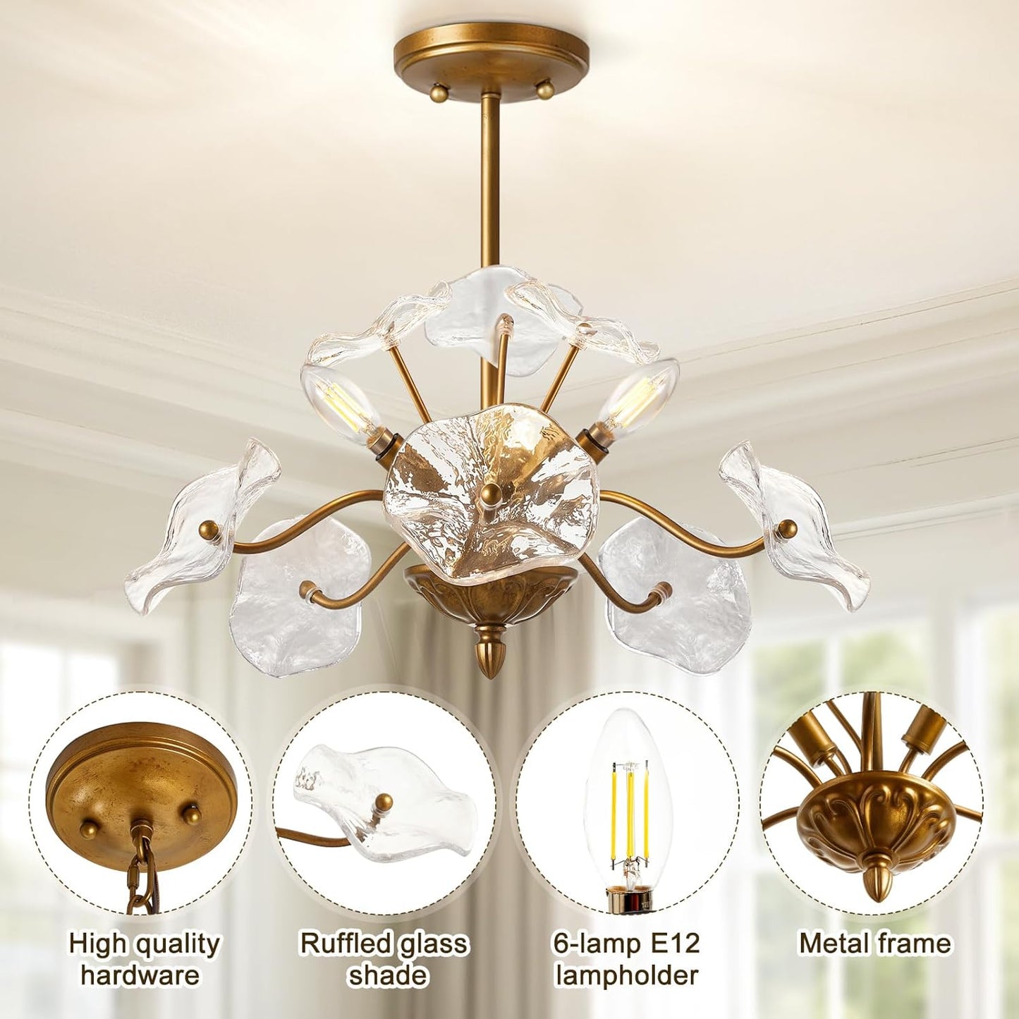 Modern Gold Chandelier,Vintage Brass Flower Glass Pendant Light Fixture,Mid Century Ceiling Light Fixture for Dining Room, Kitchen, Living Room, Bedroom Hallway Porch,3 Lights