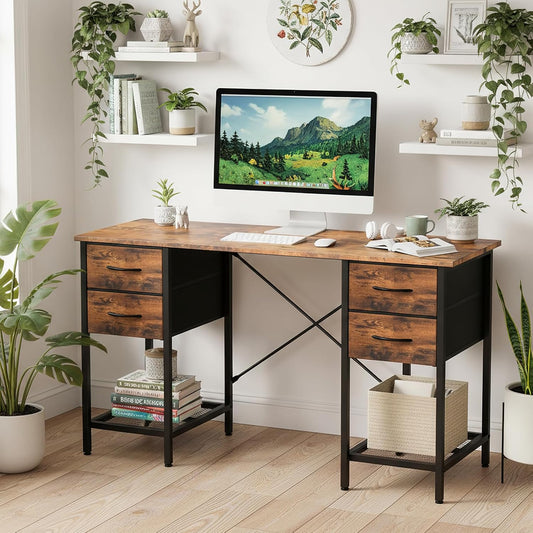 Computer Desk 47 Inch with 4 Drawers Home Office Table with Mesh Shelf for Work Study Writing Gaming Storage Furniture for Bedroom, Rustic Brown