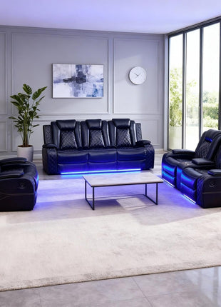 Power Recliner Sectional Sofa Set with LED Lighting, Breathable Leather Upholstery, Storage Console, Cup Holders, Wireless Charging, and Touch Reading Light - 3-Piece Black Sofa for Living Room, Home Theater, and Office