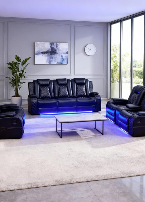 Power Recliner Sectional Sofa Set with LED Lighting, Breathable Leather Upholstery, Storage Console, Cup Holders, Wireless Charging, and Touch Reading Light - 3-Piece Black Sofa for Living Room, Home Theater, and Office
