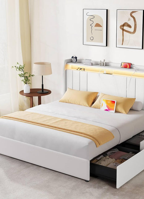 Queen Size Upholstered Bed Frame with Dual-Tier Storage Headboard, Four Dustproof Drawers, 51-Inch Tall LED Platform Design, Adjustable Headboard, USB/Type-C Charging, and Side Storage Solutions