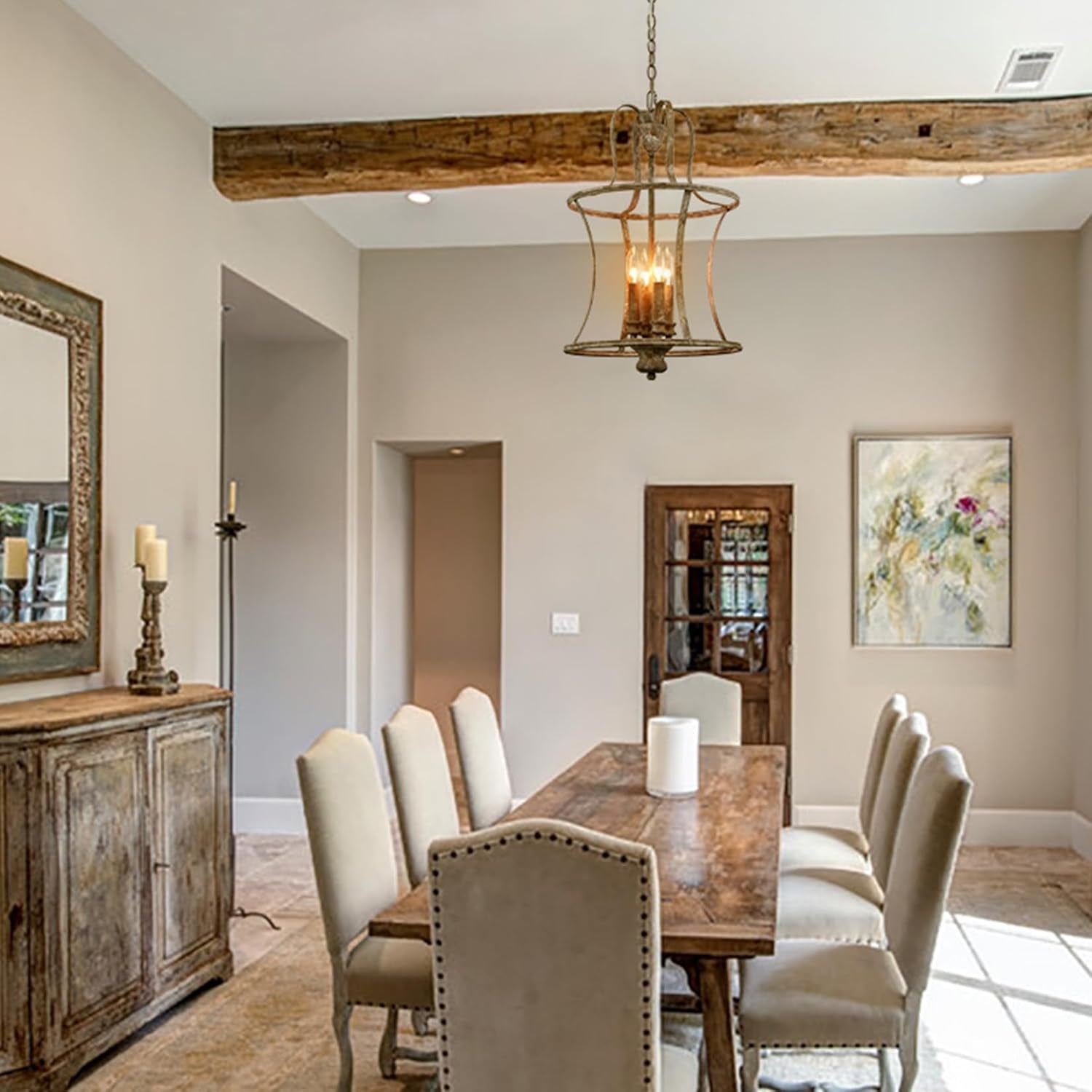 French Country Lantern Chandelier 4-Light Distressed White Pendant Light Fixtures with Chain Modern Farmhouse Lantern Pendant Lighting for Kitchen Island Dining Room