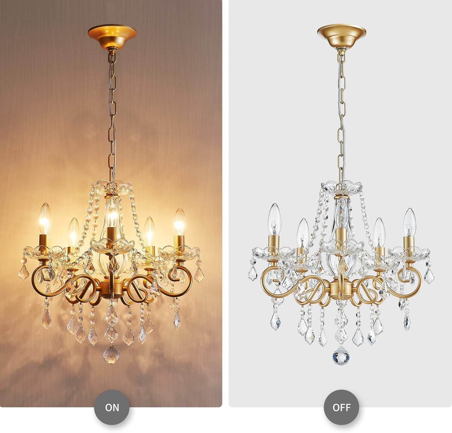 Mini Crystal Chandelier K9 Crystal Gold Chandelier for Living Room Bedroom Dining Room Kitchen Island Entryway 5 E12 Bulbs High 16.5 in X Diameter 16.9 In, Golden