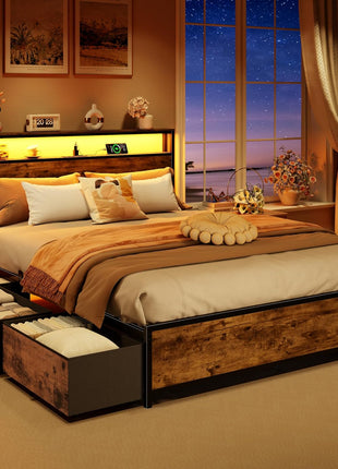 Queen Bed Frame with Headboard and 6 Drawers, Metal Platform Design with Charging Station, LED Lighting, and Two-Tier Shelf Storage - No Box Spring Required, Noise-Free, Rustic Brown Finish