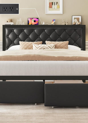 Queen Bed Frame with Upholstered Button-Tufted Headboard, Two Storage Drawers, Integrated Charging Station, Box Spring Not Required, Noise-Free Design, All-Metal Construction, Black
