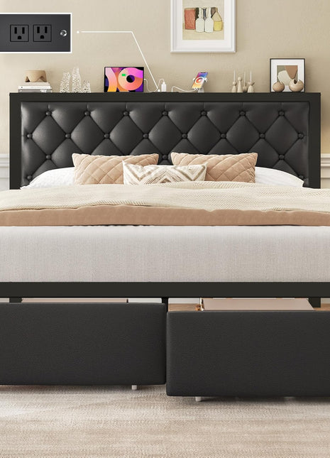 Queen Bed Frame with Upholstered Button-Tufted Headboard, Two Storage Drawers, Integrated Charging Station, Box Spring Not Required, Noise-Free Design, All-Metal Construction, Black
