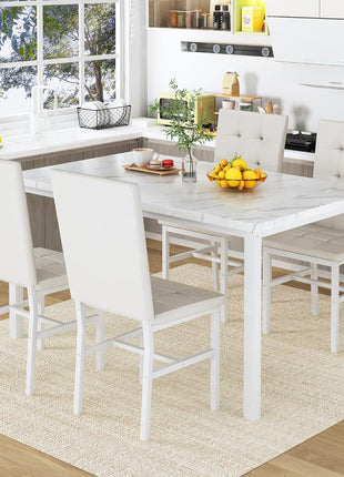 Contemporary Dining Table Set for Four with Faux Marble Surface and Leather Upholstered Chairs, Perfect for Compact Areas, White Finish