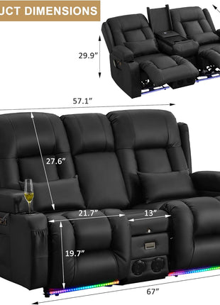 Power Reclining Loveseat Sofa with Massage and Heat Features, Space-Saving Wall Hugger Design, Ideal for Home Theater and Living Room (Black, 67", 2 Seats) | Zero Gravity Recline, Full-Body Vibration, Lumbar Heating, USB Charging Ports, Cup Holders, and Storage Compartment