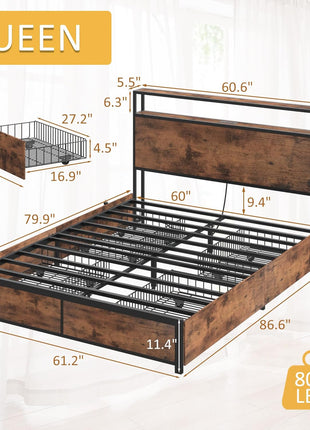 Queen Metal Platform Bed Frame with 2-Tier Storage Headboard, 4 Drawers, Built-in Charging Station, LED Lighting, and Noise-Free Support in Vintage Brown Finish